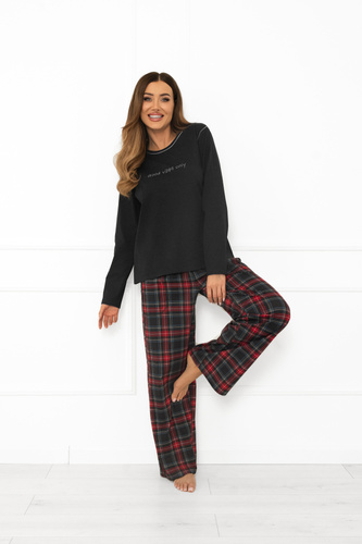 Италианска мода дамска пижама, тъмен меланж-памук, дълъг ръкав и панталон, карирана