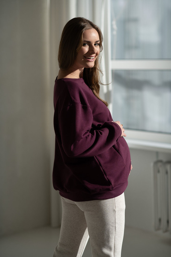 Лесно до мляко! Суитшърт за бременни и кърмещи Milk&amp;Love в цвят винено лилаво – голям размер, скрити ципове, памучен джърси Oeko-Tex