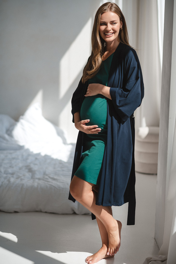 Тъмносин халат за бременни Milk&amp;Love – памук с еластан, удобен, 7/8 ръкави