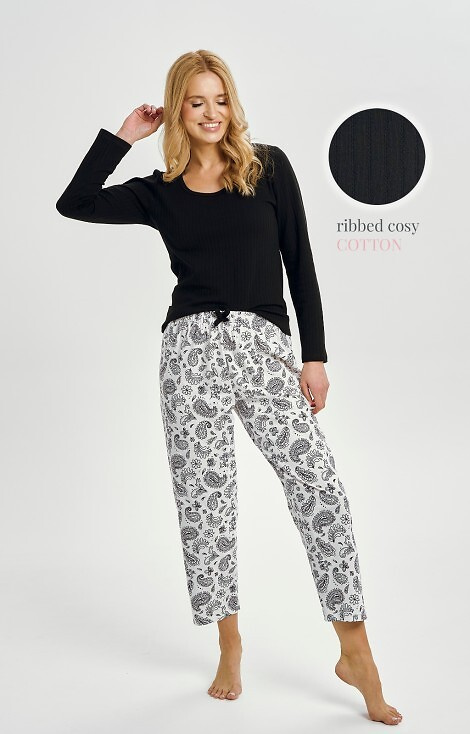3454 Дамска памучна пижама Taro, черна - дълъг ръкав, шарен панталон
