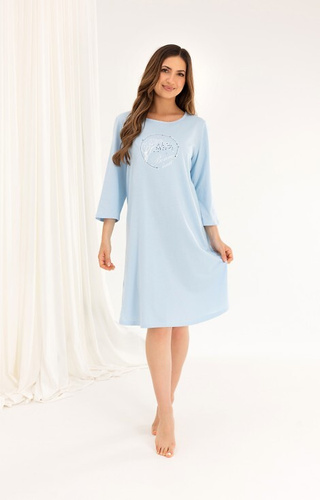 Памучна нощница 167 синя – 3/4 ръкав, щампа, разкроена, над коляното