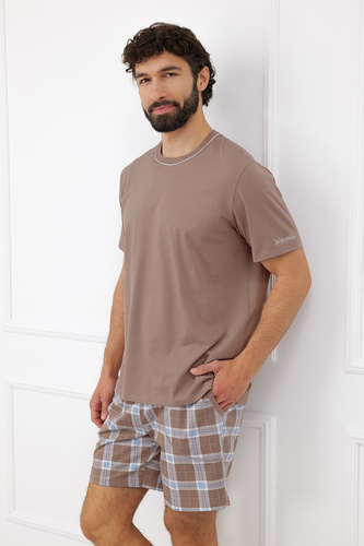 Мъжка пижама Italian Fashion Dante памук къси панталони каре джобове-капучино