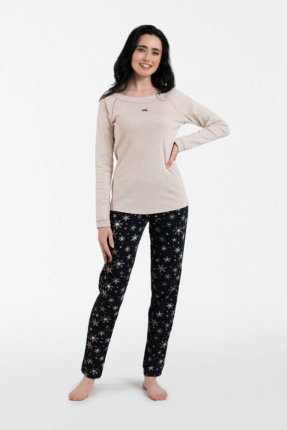 Denali Дамска пижама с дълъг ръкав и дълъг панталон Италианска мода - бежов меланж/принт