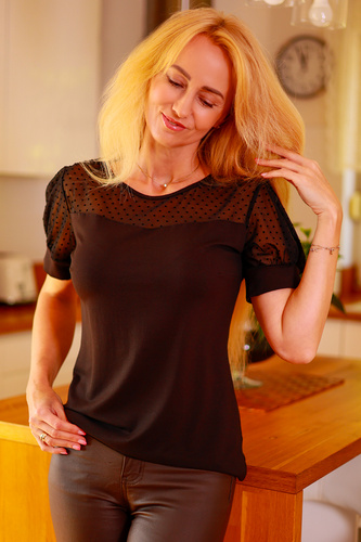 Ava Bluzka damska Mirale – wiskoza, tiul w groszki, bufiaste rękawy - czarny