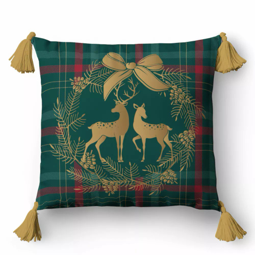 5380 Коледна декоративна калъфка за възглавница Detexpol с елени във венец на кариран фон - цип