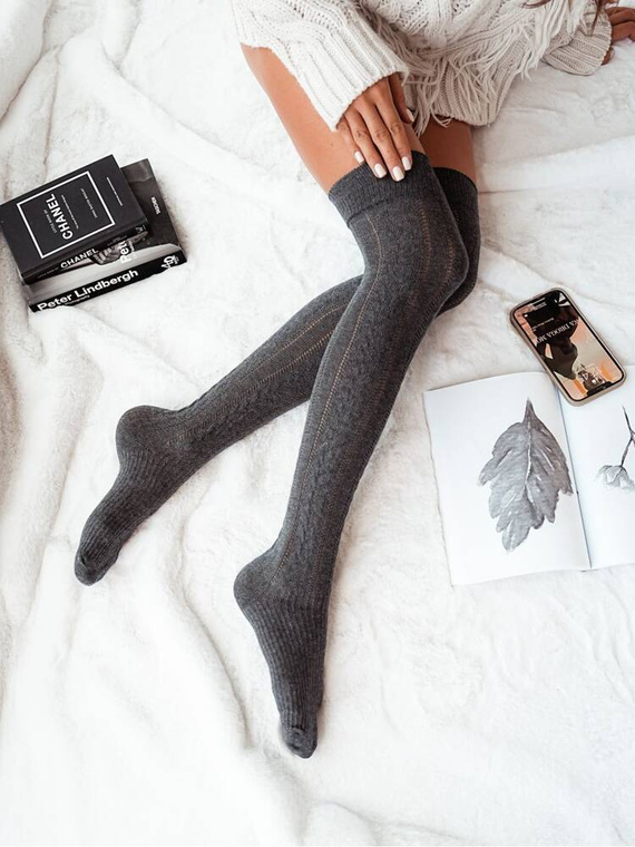 0347.001 Дамски чорапи над коляното Milena Openwork Braid - тъмен меланж