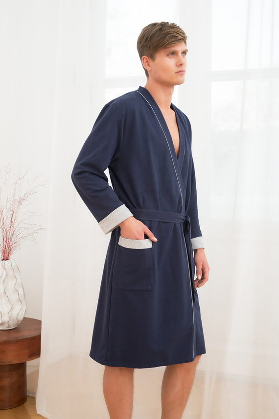 Gabriel Мъжки халат за баня с джобове Италианска мода - тъмно синьо/меланж