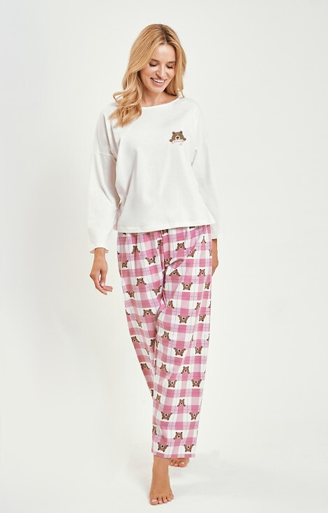 3441 Astrid piżama damska bawełniana Taro beżowa – długi rękaw, spodnie flanelowe w kratkę