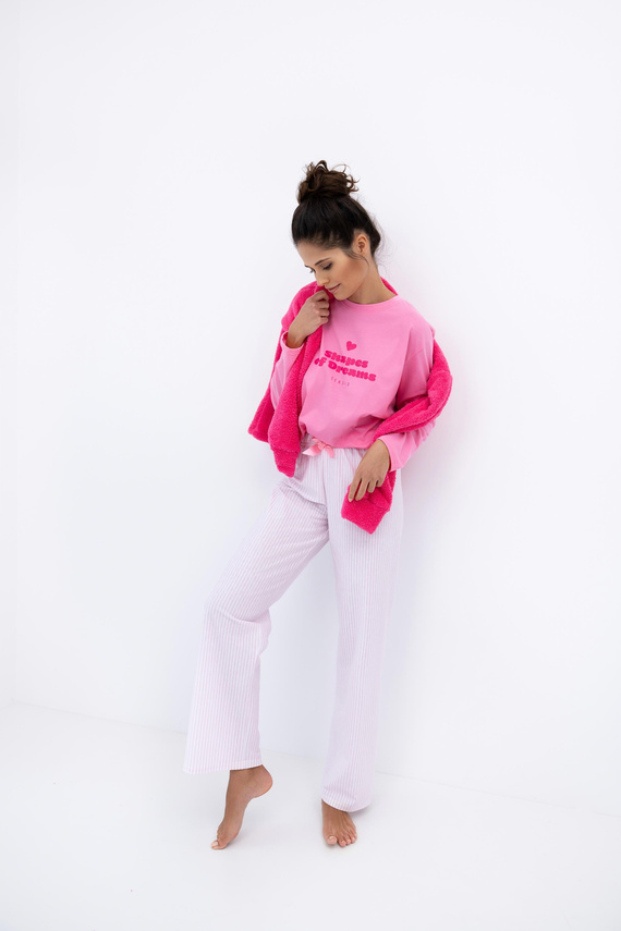 Дамска пижама Malaya Sensis - памучна тениска и дълъг панталон с панделка