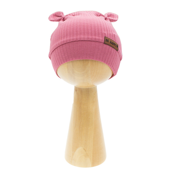 216054 Шапка Lala Nicol – оребрен памук с еластан, уши и нашивка Be happy