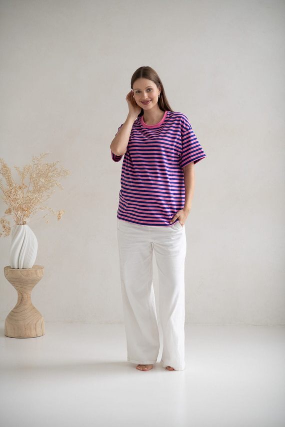 Тениска за бременни и кърмачки Mamahood Milk&Love на розово и синьо райе - удобна и стилна