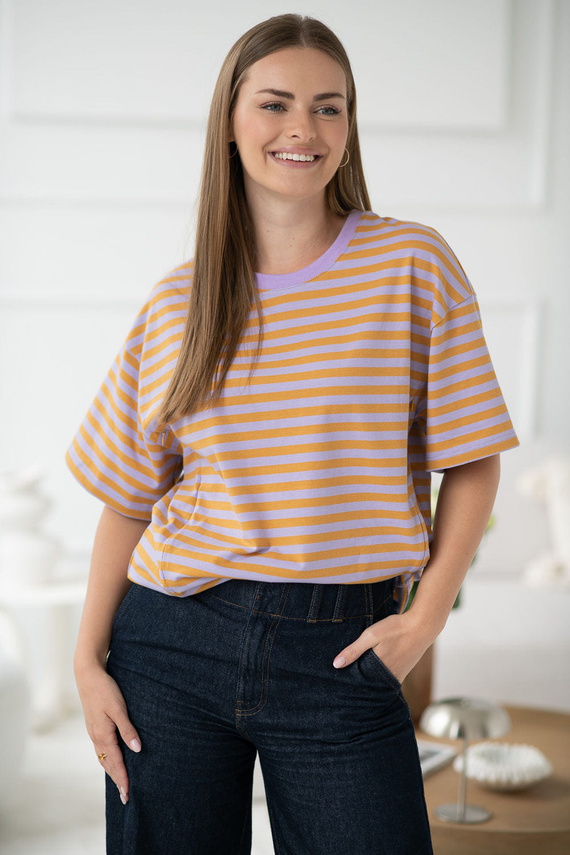 Тениска за бременност и кърмене Mamahood Milk&Love, медено и лилаво райе – удобно и стилно