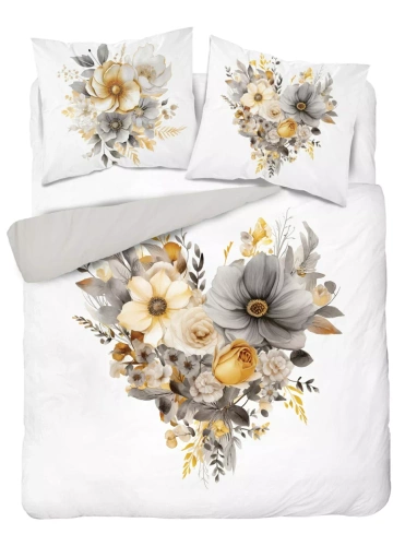 5125 Комплект спално бельо от памук Holland Detexpol, бяло с бежово и сиво цвете във формата на сърце – 100% памук, двустранен, полско производство