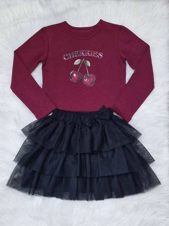 Памучна блуза за момиче в бордо цвят, с дълъг ръкав и щампа Cherries Bambarillo