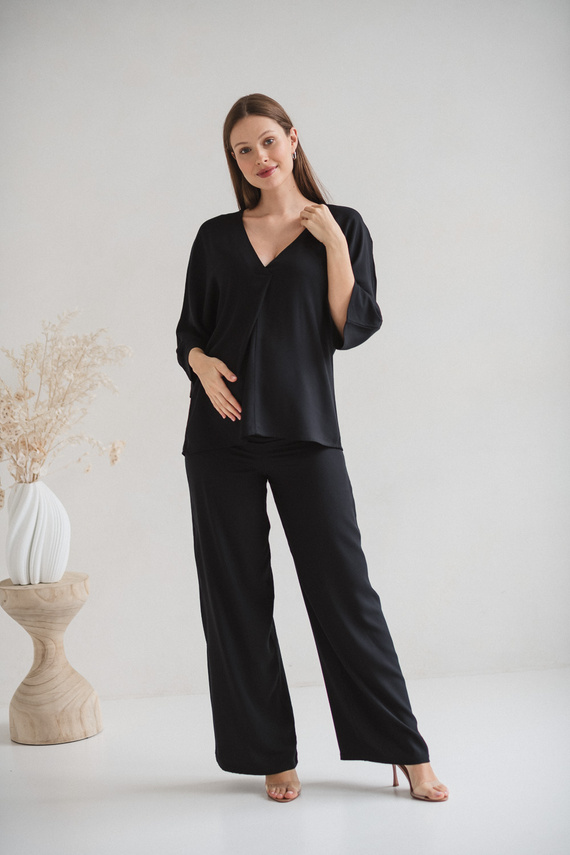 Блуза за бременни и кърмачки Mamafullness Milk&Love, черно – вискоза, 3/4 ръкав, oversize