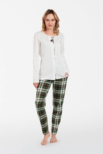 Asama Дамска пижама с разкопчани копчета, дълъг ръкав и дълъг панталон Италианска мода - екрю/принт
