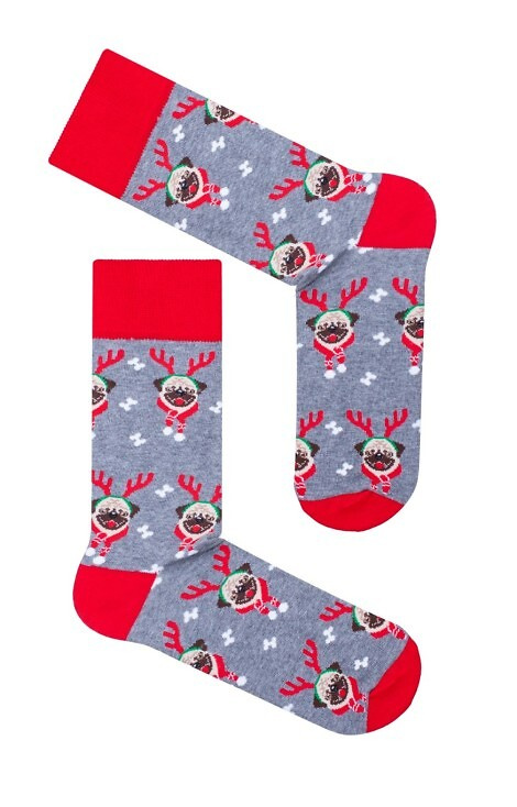 1290-036 Мъжки чорапи Mopsy Milena, сиви - коледни, цветни, памучни