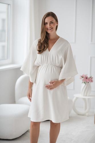 Рокля за бременни и кърмачки Mama Zen Milk&Love, кремава - кимоно с ципове, модал