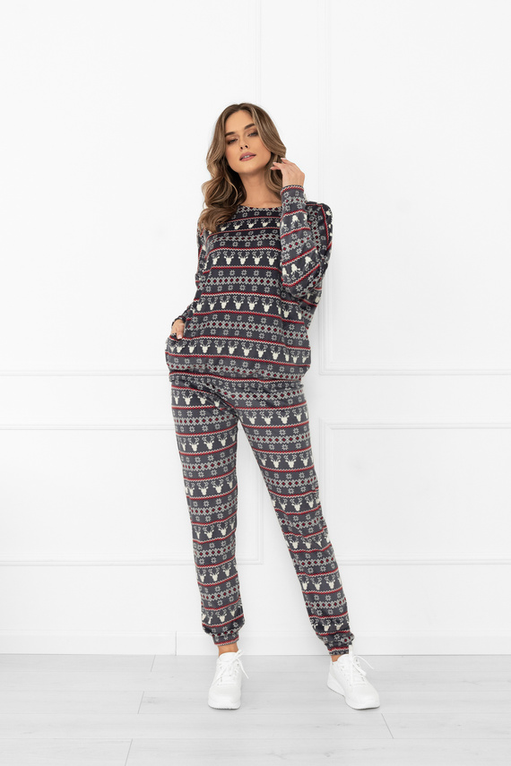 Дамски комплект Navara - поларен комплект с коледен десен с елени Италианска мода - графит