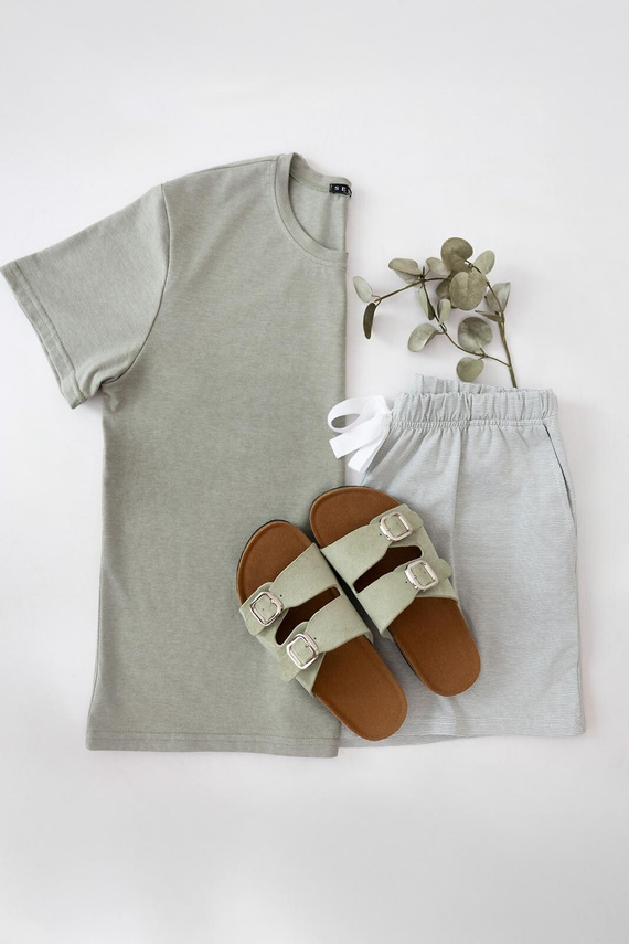 Дамска пижама Sensis Yara khaki памук къси панталони джобове