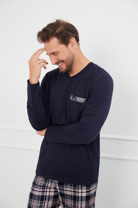 Edwin Мъжка пижама с дълъг ръкав и дълъг панталон Италианска мода - морско синьо/принт 