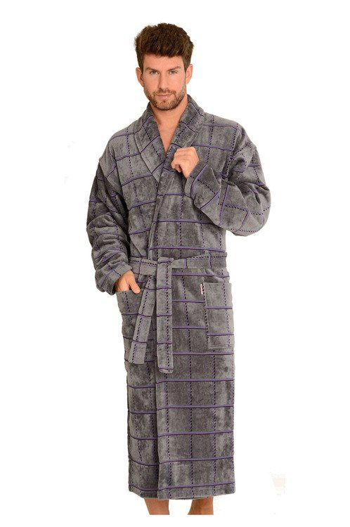 803 / 819 Мъжки халат от хавлиена материя Twin Forex - сив с лилаво каре (сиво каре)