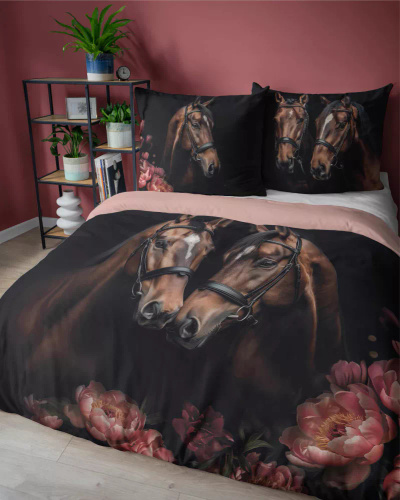 5295 A Holland Памучно спално бельо коне цветя Detexpol черно