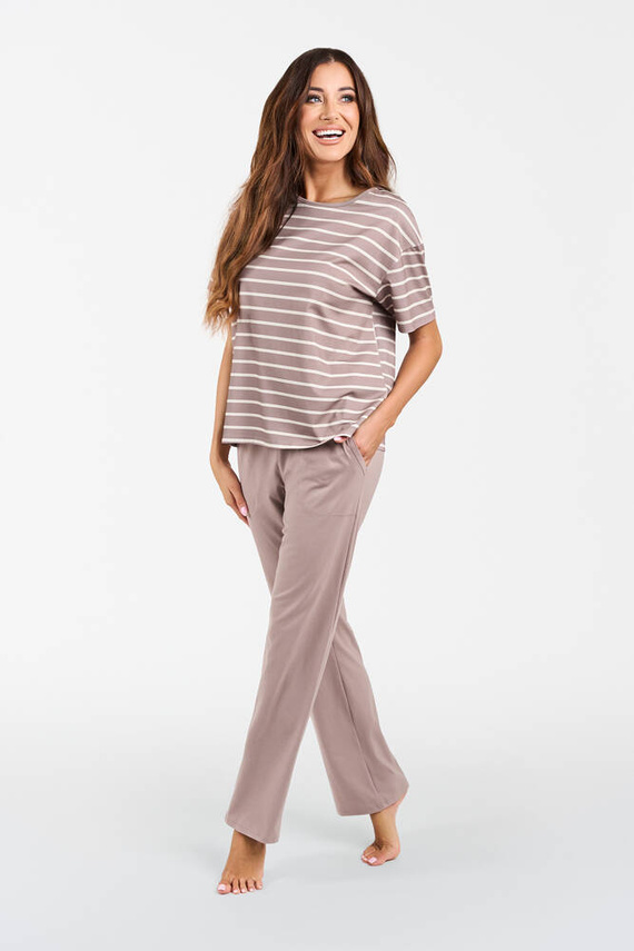 Betty Дамска пижама с къс ръкав и дълъг панталон Италианска мода - капучино/принт капучино