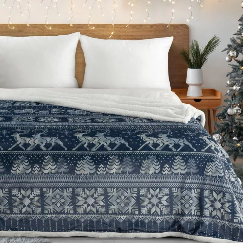 Коледно одеяло Eurofirany, бяло, тъмносиньо – меко микрофибърно одеяло, 240 г/м²