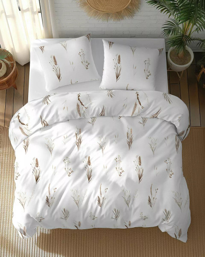 5771 B Cotton Bloom Комплект спално бельо от памук Detexpol, бял с кафява и бежова трева и класове – 100% памук, двустранен, полско производство