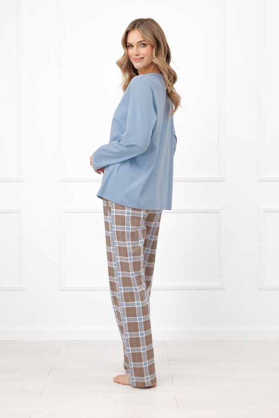 Дамска пижама Italian Fashion Delma 100% памук, дълъг панталон на каре - стоманено сив