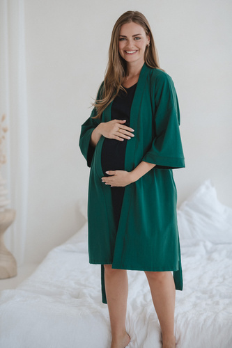 Халат за бременни Milk&amp;Love, бутилково зелен – памук с еластан, удобен, 7/8 ръкави
