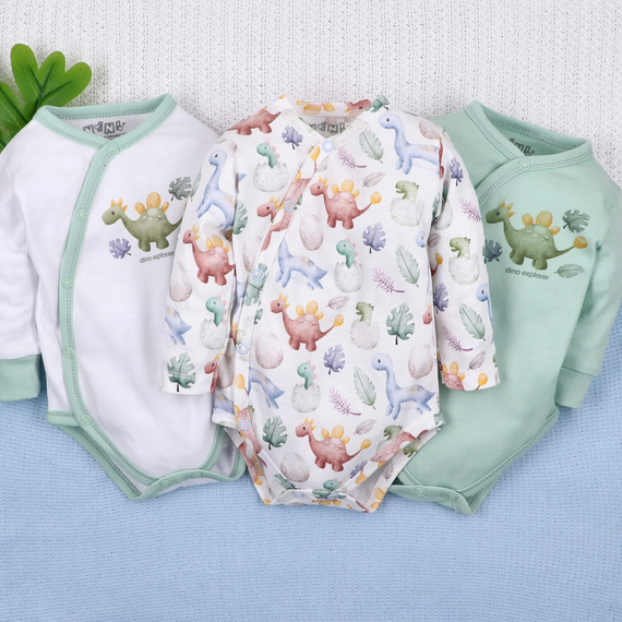 ABN-5563 Боди с плик Dino Explorer, цвят Nini Mint | Органичен памук за новородени