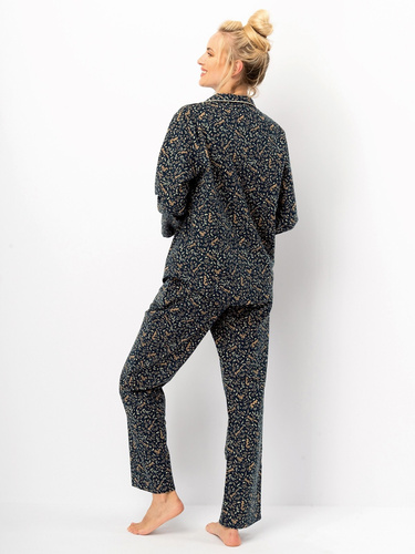 Дамска пижама Key LNS 706, тъмносиня - памук фланела, дълги ръкави, копчета
