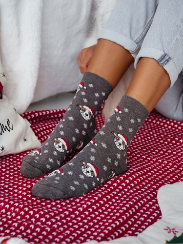 1283-039 Чорапи Милена – дамски коледни чорапи с булдози и снежинки, тъмен меланж