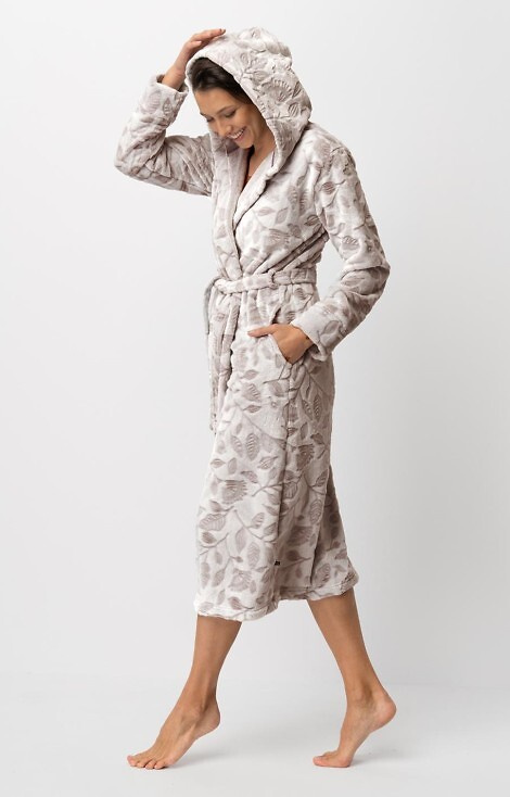 LGL 545 Дамски халат Key екрю-мока – мек, с качулка, завързва се на талията