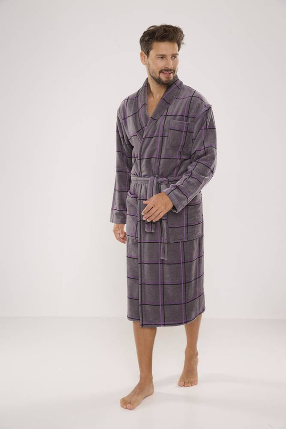 803 / 819 Мъжки халат от хавлиена материя Twin Forex - сив с лилаво каре (сиво каре)