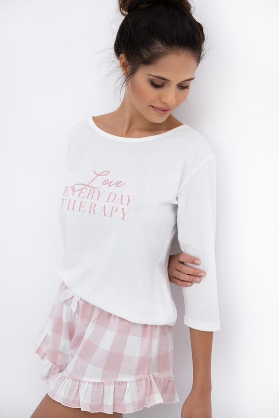 Емили Сенсис – Дамски памучен пижамен комплект | Тениска с 3/4 ръкав и шорти с волани