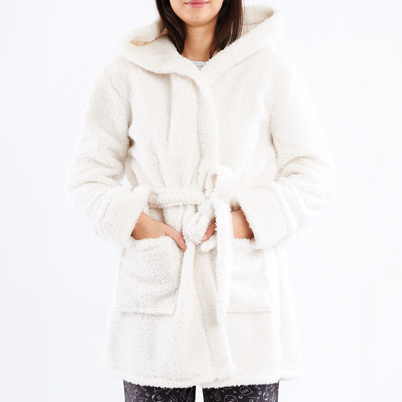 Дамски халат Igrid Sorbetto - бял, пухкав с качулка с мече