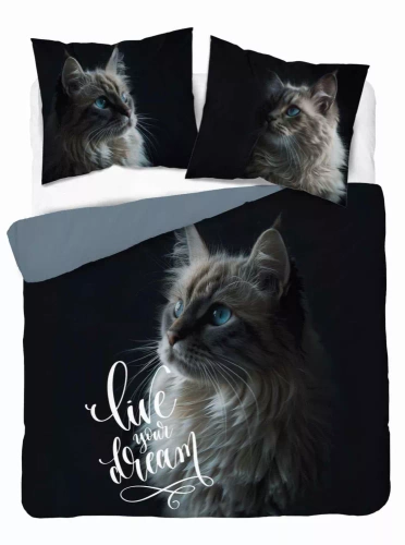 5296 Холандска памучна постелка Cat Live your Dream Detexpol черен