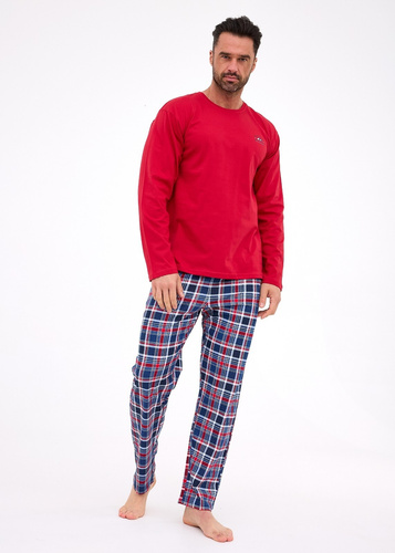 124/312 Ready 3 Cornette bordowa– męska piżama bawełniana, długi rękaw, spodnie w kratkę