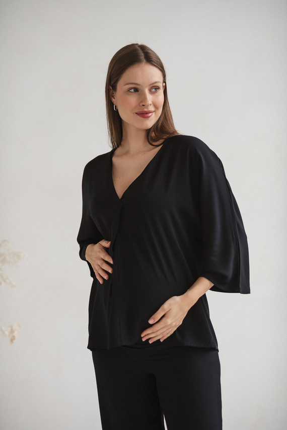 Блуза за бременни и кърмачки Mamafullness Milk&Love, черно – вискоза, 3/4 ръкав, oversize