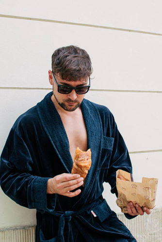 712 Мъжки халат от велур De lafense - тъмносин