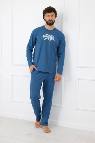 Мъжка пижама Italian Fashion Kasim 100% памук, дълга, с мече и джобове - дънкова