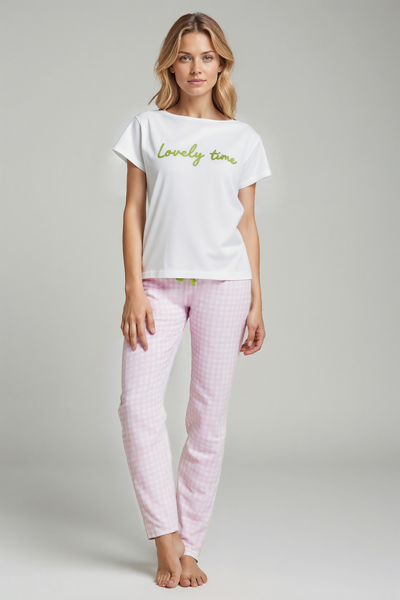 Dana Piżama damska Sorbetto różowa  – bawełna 100%, krótki rękaw, spodnie w kratkę, komplet