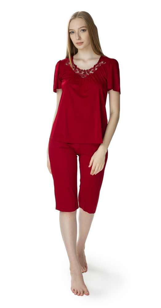 3639 Matylda Дамска пижама Чайка бордо - вискозна коприна, полски продукт, дължина 3/4