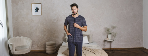 Ricardo Мъжка пижама с къс ръкав и дълъг панталон Италианска мода - тъмносиньо