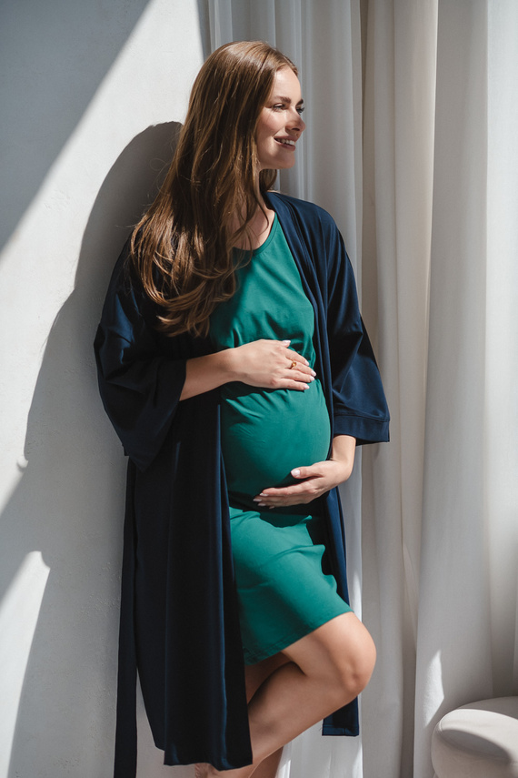 Тъмносин халат за бременни Milk&amp;Love – памук с еластан, удобен, 7/8 ръкави