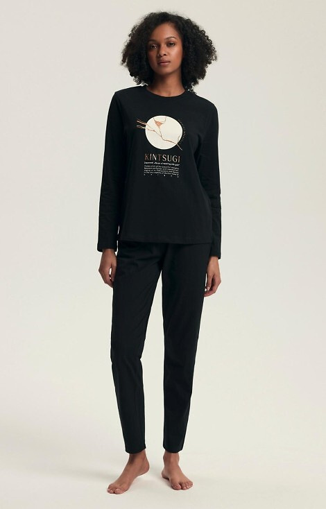 43727 Дамска пижама Dairoku Henderson, черна - памук, с дълъг ръкав и панталон