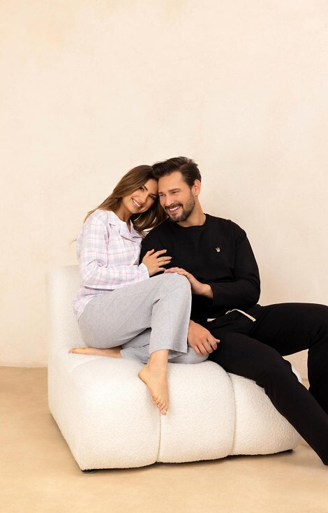 727 Дамска пижама Regina, сива - 100% памук, карирана, риза с копчета